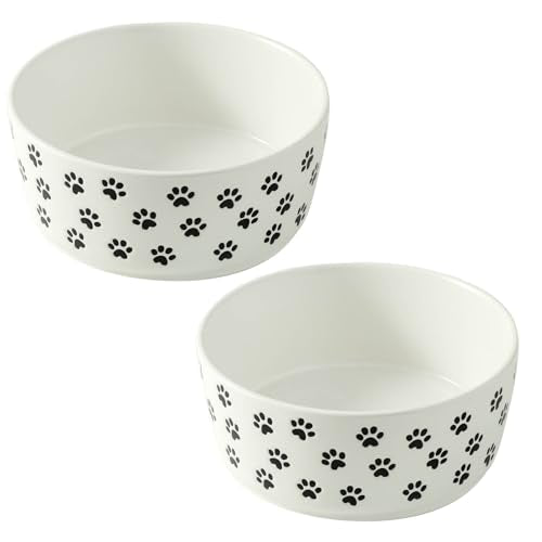 UBEE 6.5 inch Dog Bowls Set of 2, Ceramic Dog Food Water Bowl Dish with Paw Pattern, Pet Food Water Dishes Feeding for Small and Meidum Dogs and Large Cat, White - color: White-paw, size: 6.5 inch x 2