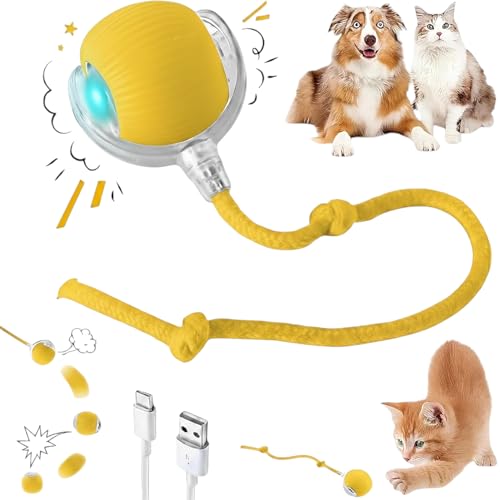 Interactive Electric Automatic Rolling Moving Rechargeable Self Play Stimulation Toy,Smart Pet Chase with Speedy Tail Rope for Bored Indoor Cats (Yellow) - color: YELLOW