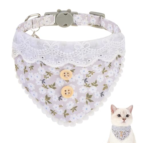 SCENEREAL Breakaway Cat Collar with Bell & Bandana, Cute Kitten Collar Suitable for Large Big Cats, Grey Flower - color: Grey Flower