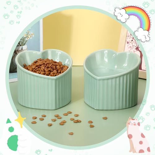 Mumufy 2 Pcs Ceramic Elevated Cat Bowls Tilted Elevated Raised Pet Bowls Anti Vomit Cat Dish for Indoor Stress Free Water Dish Feeder for Puppies, Heart Shaped(Grass Green) - color: Grass Green