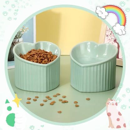 Mumufy 2 Pcs Ceramic Elevated Cat Bowls Tilted Elevated Raised Pet Bowls Anti Vomit Cat Dish for Indoor Stress Free Water Dish Feeder for Puppies, Heart Shaped(Grass Green) - color: Grass Green