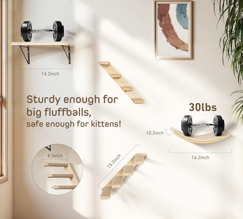 Cat Wall Shelves Set with Sisal Cats Window Perch, 4 Piece Wood Climbing Furniture with Curved Sisal Bed, Flat Shelf & Two Wall-Mounted 4 Steps Cat Stairs - color: Sisal-Wood, size: 1 Curved Bed 1 Shelf 2 Ladders
