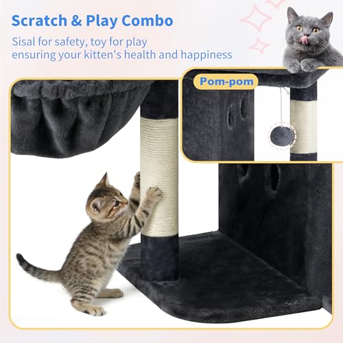 Heybly Cat Tree, 25.6-inch Cat Tower with Spacious Top Perch for Large Cats, Stair-Style Cat House Furniture with Dual-Layer Condos, Sisal Scratching Posts, Cozy Basket & Pompom, Smoky Gray HCT204SG - color: Smoky Gray, size: 25.6 inch