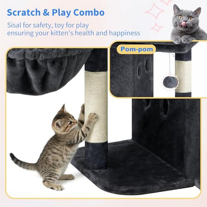 Heybly Cat Tree, 25.6-inch Cat Tower with Spacious Top Perch for Large Cats, Stair-Style Cat House Furniture with Dual-Layer Condos, Sisal Scratching Posts, Cozy Basket & Pompom, Smoky Gray HCT204SG - color: Smoky Gray, size: 25.6 inch