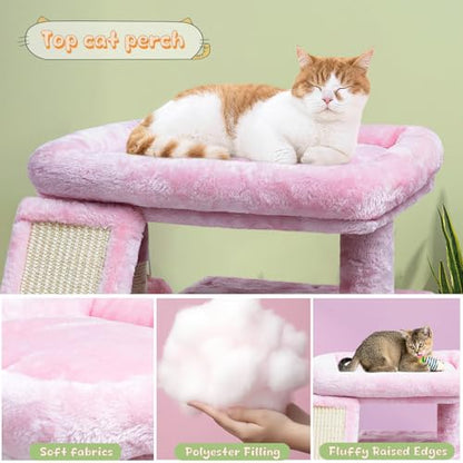 Small Pink Cat Tree for Indoor Cats, Cute Cat Tower with Perch, Condo, House and Stable Stand for Kittens & Adult Pets（Pink） - color: Pink