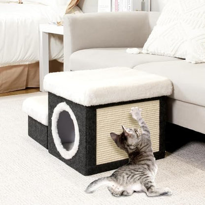 B FSOBEIIALEO Cat House Pet Stairs for Beds Sofa, Foldable Dog Steps 2-Tier With Storage Toy Box, Small Indoor Pet Steps Grey 15.7x12.6x12.6 Inches