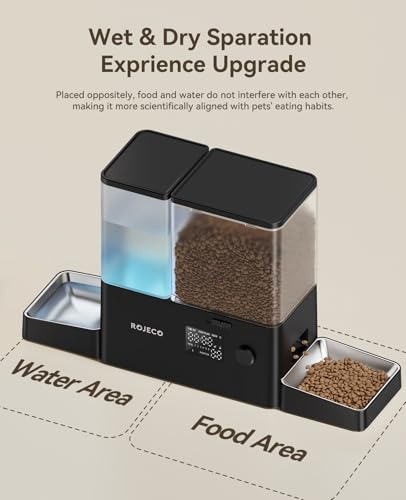 Rojeco 36Cups/8.5L Pet Automatic Cat Feeder and Gravity Water Dispenser,Stainless Steel Bowls 2-in-1 Set Large Capacity 5L Food Feeder and 3.5L Water Fountain for Cats,Pets,Small Dogs,Black - color: Black, size: 8.5L-Standard
