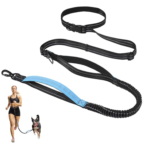 Hands Free Dog Leash, 8.2 FT Waist Leash for Walking, Jogging, Hiking, Adjustable Crossbody Belt with Double Padded Handles, Bungee Car Seatbelt Design for Medium Large Dogs, Black + Blue