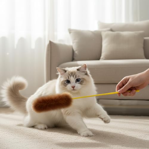 Larrel 5PCS Interactive Cat Wand Toys, Fur Cat Toys, Soft Kitten Teaser Sticks for Indoor Cats, Fur Cats Teaser Wand Set for Playing, Chasing and Exercise Needs (13 Inch Long)