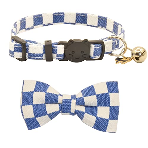Bowtie Cat Collars Breakaway with Bell, Adjustable Cute Kitty Collars Safety Buckle Kitten Collar for Cat Puppy 7.5-11in (Blue Plaid) - color: Blue Plaid