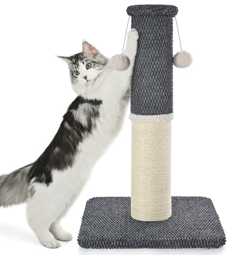 Made4Pets Tall Cat Scratching Post, Heavy Duty and Thicker Scratching Posts for Indoor Cats Adults, 23.6" Natural Sisal Cat Scratcher with Hanging Balls, Sturdy Base Cat Scratch Post, Dark Grey - color: Dark Gray, size: 23.6"H
