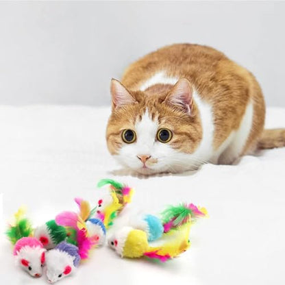 Cat Mouse Toys 12 Pcs Rattle Mice for Indoor Cats Furry Feather Fake Mouse Kitten Interactive Play Squeaky Fur Mice Cat Toy Funny Kitty Tracking Game with Rattling Sounds