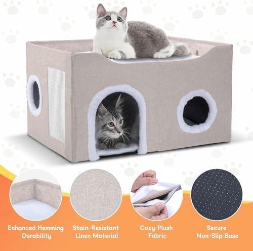 Cat House for Indoor Cats – Foldable Cat Cave & Covered Cat Bed, Cozy Hideaway for Small Pets and Large Cats (23.6"x16"x12.8"),Beige - style: Beige