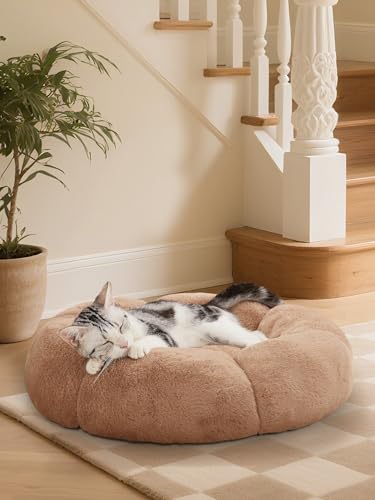 OhGeni 20 inches Calming Donut Dog & Cat Bed for Small Pets, Warming Comfort Fluffy Short Pile Fur, Durable Machine Washable Bed, Cute Round Bed for Puppy and Kitten, Camel - color: 1-Camel, size: XS (21"L x 21"W x 6.5"Th)