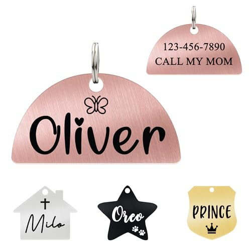 Ultra Joys Personalized Cat Collar Name Tag Small Pet ID Tags for Cats - Customized Mini Cute Dog Cat ID Tag - Bothside Engravable Lightweight Durable Stainless Steel - Semi Circle Tag in Rose Gold - color: Semi Circle-rose Gold