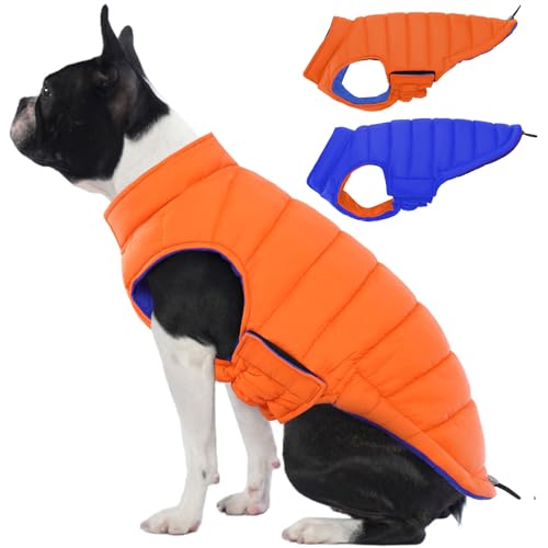 Lelepet Reversible Dog Coat Waterproof Dog Jacket Windproof Puffer Vest for Winter Warm Lightweight Coats for Small Dogs Adjustbale Hook & Loop Pet Apparel with Leash Hole, Pug, Orange, M - color: Orange, size: Medium