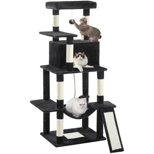 ABCPET Cat Tree Tower 63in Multi-Level Cat Tower for Indoor Cats with Sisal Scratching Posts, Condo, Hammock, Dangling Ball and Extended Platform for Cats to Play, Black - color: Black