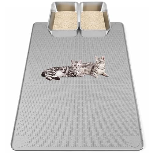 Kalolary Cat Litter Mats, 50" x 35" Extra Large Silicone Cat Mat for Litter Box, Easy to Clean Kitty Litter Trapping Mat, Soft on Kitty Paws, Waterproof, Urine-Proof Kitty Litter Mats for Floor, Grey - color: Grey: 127x89cm