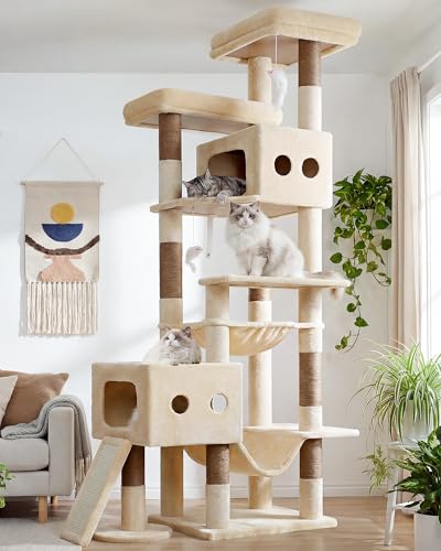 Globlazer Multi-Level Tall Cat Tower 83 inch Sturdy Extra Large Heavy Duty Cat Tree for Indoor Large Adult Cats Kittens with 2 Cat Condo, 8 Scratching Post, 2 Hammock, S83G, Beige - color: Beige