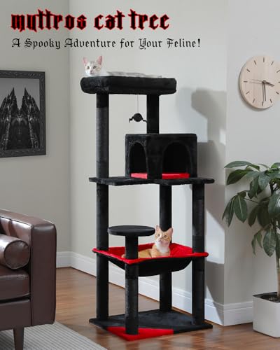 MUTTROS Gothic Cat Tree with Super Large Hammock, 56.3" Black Cat Tower with Coffin Bed, Cat Condo, Sisal Scratching Posts & Top Perch, Multi-Level Goth Cat Tree, Halloween, Black - color: Gothic Black, size: 56.3in