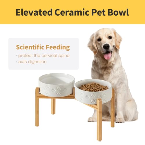 Elevated Ceramic Dog Bowls, 8.3" Dog Dishes with Stand, Elevated Food & Water Bowls for Large Breed Dogs, 2 Non-Slip Feeding Bowls, Microwave Safe (Double Bowls + Stand - White, 8 inch) - color: Double Bowls + Stand - White, size: L - 8.3 Inch