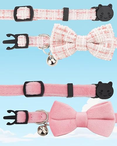 Cat Collar with Bow Tie 2pcs Set Bell Boy Girl Kitten Safety Plaid Grid Checkered Solid Color Suede Velvet Cute Soft Fluffy Gift B-[2pcs] Pink - color: Style B-[2pcs] Pink