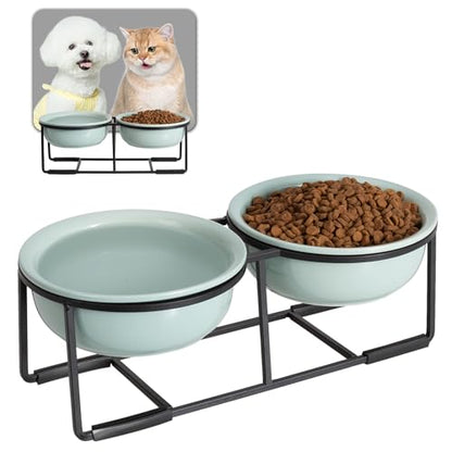 Ceramic Elevated Dog Bowl Set - Double Dog Food and Water Bowls with Metal Stand - Raised Pet Dishes for Puppies and Cats - 2 Cups - 12.5 fl oz - Green - color: Green, size: S-200ml