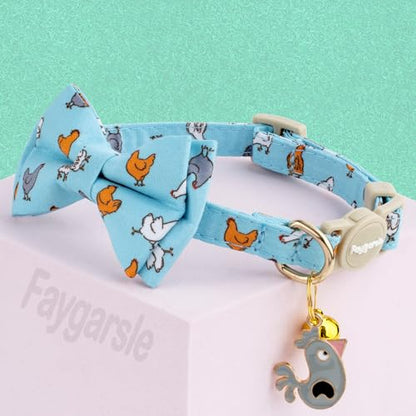 Faygarsle 2 Pack Chicken Pattern Cat Collar Set with Bandana and Bowtie, Light Blue, Breakaway Safety Clasp with Bell - color: Blue Chicken