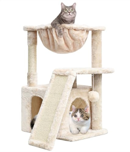 SYANDLVY Cat Tree for Indoor Cats Large Adults, Modern Activity Tower with Scratching Posts & Board, Condo with Plush Perch, Climbing Stand with Cradle & Hanging Ball for Play, Beige - color: Beige