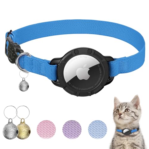 AirTag Cat Collars, Stretchy Collar with Apple AirTag Holder and Bell, Breakaway Ultra Design Elastic GPS Tracking Collars for Cats and Puppies, (7.5-12.5 Inch), Sapphire Blue - color: Dark Blue