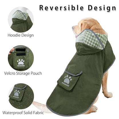 Dog Raincoat Reversible,Waterproof Dog Rain Coat Hooded Slicker Poncho with Reflective Strip, Plaid Double Layer Rain Jacket for Small Medium Large Dogs (Army Green, X-Large(37-55lb)) - color: Army Green, size: X-Large(37-55lb)