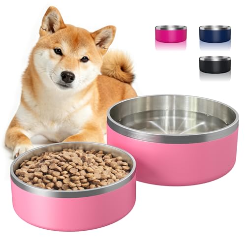 2 Pack Stainless Steel Dog Bowls, Outdoor Dog Water Bowl with Non Slip Rubber Bottom, Dishwasher Safe, Easy to Clean,40oz&64oz Pink - color: PINK