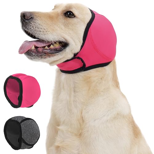 Dog Calming Hoodie Quiet Ear Cover for Noise Protection Anxiety Relief Ear Muffs, No Shake Ear Wraps for Dogs, Swim Cap Bath Blow Drying Headband Wraps for Ear Hematoma Groom Fireworks(Pink, Small) - color: ROSE RED, size: Small(Head Circle:10"-15")