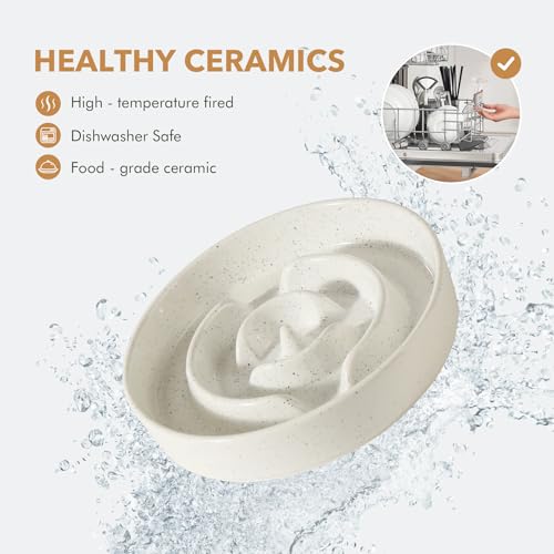 Havniva 1.2 Cup Elevated Slow Feeder Dog Bowls, 7.3” Dog Slow Feeding Bowls + 6.1” Ceramic Dog Water Bowls Set with Acacia Wood Stand, Dog Food Bowls Puzzle Feeder for Small Dogs Non-Slip Anti-choking - color: 2 x Vanilla White + Stand - A, size: M- 7.3in