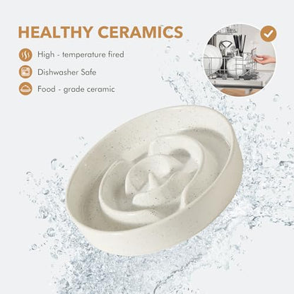 Havniva 1.2 Cup Elevated Slow Feeder Dog Bowls, 7.3” Dog Slow Feeding Bowls + 6.1” Ceramic Dog Water Bowls Set with Acacia Wood Stand, Dog Food Bowls Puzzle Feeder for Small Dogs Non-Slip Anti-choking - color: 2 x Vanilla White + Stand - A, size: M- 7.3in