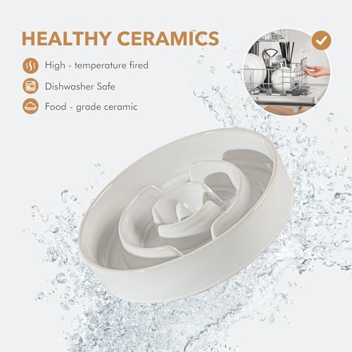 Havniva 1.2 Cup Elevated Slow Feeder Dog Bowls, 7.3” Dog Slow Feeding Bowls + 6.1” Ceramic Dog Water Bowls Set with Acacia Wood Stand, Dog Food Bowls Puzzle Feeder for Small Dogs Non-Slip Anti-choking - color: 2 x White + Stand - A, size: M- 7.3inch / 1.2