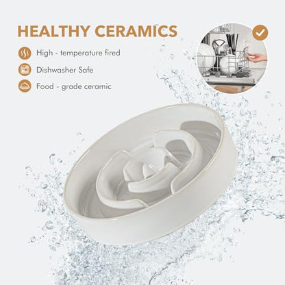 Havniva 1.2 Cup Elevated Slow Feeder Dog Bowls, 7.3” Dog Slow Feeding Bowls + 6.1” Ceramic Dog Water Bowls Set with Acacia Wood Stand, Dog Food Bowls Puzzle Feeder for Small Dogs Non-Slip Anti-choking - color: 2 x White + Stand - A, size: M- 7.3inch / 1.2