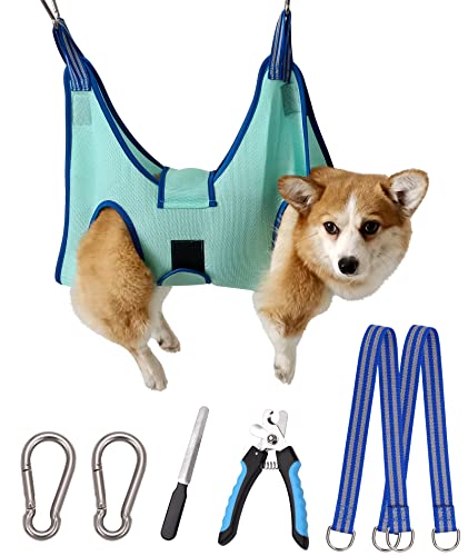 Kkiimatt Dog Grooming Hammock,Medium - Large Hanging Harness Holder for Nail Clipping,Nail Trimming Hammock for Pet,Grooming Sling Hanger Restraint for Claw Care - color: Large 42 LB Max/Turquoise
