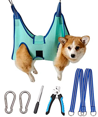 Kkiimatt Dog Grooming Hammock,Medium - Large Hanging Harness Holder for Nail Clipping,Nail Trimming Hammock for Pet,Grooming Sling Hanger Restraint for Claw Care - color: Large 42 LB Max/Turquoise