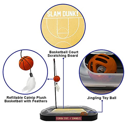 NCAA FLORIDA STATE Seminoles Basketball Court Cat Scratcher - REVERSIBLE Felt/Cardboard Toy, Cat Ball with Bell, Catnip-Filled Plush Basketball - color: Florida State Seminoles