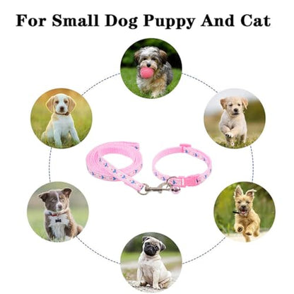 Red Puppy Collar with Bell Leash Set,Adjustable Buckle Heart Print Nylon Dog Collars for Xs XSmall Small Puppy Dogs Cat Kitten X-Small，Neck 7.5-12.5 Inch - color: Red 2
