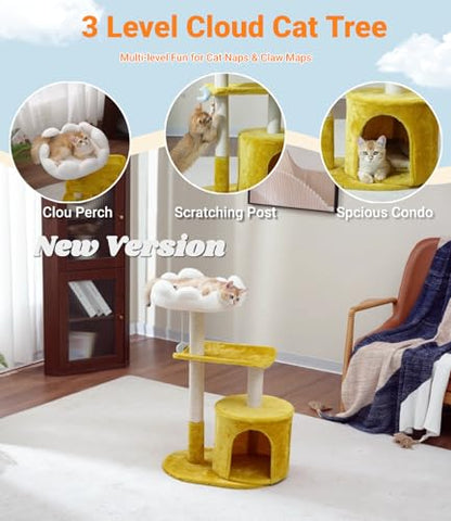 Happi N Pets Cat Tree, 33" Multi-Level Cloud Cat Tree Tower with Cozy Padded Bed & Large Condo for All Sized Cats, Featuring Scratching Posts, Viewing Perch & Toys, Stable Small Cat Tower - size: 33" with Condo