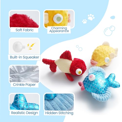 Nocciola Tough Dog Toys, Squeaky Dog Toys to Keep Dogs Busy with Two Resistant Layer & Crinkle Sound, Googly Eyed Fish Gang Puppy Teething Toys for Small, Medium, Large Breeds - color: 3 Different Fish, size: Googly Eyed Fish Gang