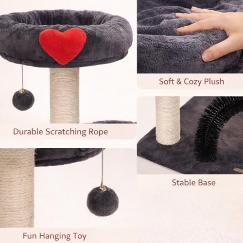 Simple Deluxe 27.8" Small Cat Tree Tower for Indoor Cats, Multi-Level Cute Cat Tree with Scratching Post| Plush Hammock| Perch| Replaceable Cover| Groomer Brush| Dangling Ball for Kittens Play & Rest - color: Smoky Gray & Heart