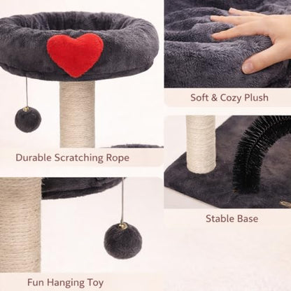 Simple Deluxe 27.8" Small Cat Tree Tower for Indoor Cats, Multi-Level Cute Cat Tree with Scratching Post| Plush Hammock| Perch| Replaceable Cover| Groomer Brush| Dangling Ball for Kittens Play & Rest - color: Smoky Gray & Heart