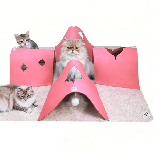 35.4" Large Interactive Felt Cat Activity Play Mat – Ripple Style Hide & Seek Tunnel with Hanging Ball, Foldable Snuffle Mat for Indoor Cats, Kittens, Rabbits, Small Pets, Pink - color: Grey-Pink
