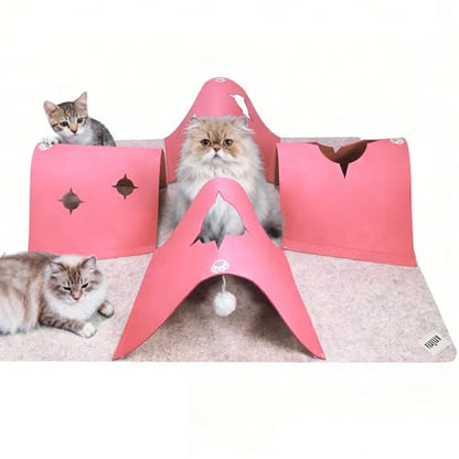 35.4" Large Interactive Felt Cat Activity Play Mat – Ripple Style Hide & Seek Tunnel with Hanging Ball, Foldable Snuffle Mat for Indoor Cats, Kittens, Rabbits, Small Pets, Pink - color: Grey-Pink
