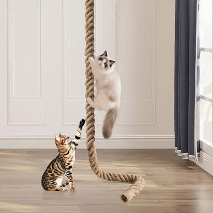 2" x 9.84Ft Cat Climbing Rope with Hook for Ceiling & Wall Mounted, Natural Sisal Rope for Cat Scratcher with Feather Toy for Indoor/Outdoor Cats, Durable Cat Tree Replacement Rope