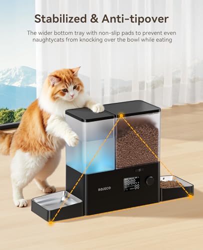 Rojeco 36Cups/8.5L Pet Automatic Cat Feeder and Gravity Water Dispenser,Stainless Steel Bowls 2-in-1 Set Large Capacity 5L Food Feeder and 3.5L Water Fountain for Cats,Pets,Small Dogs,Black - color: Black, size: 8.5L-Standard