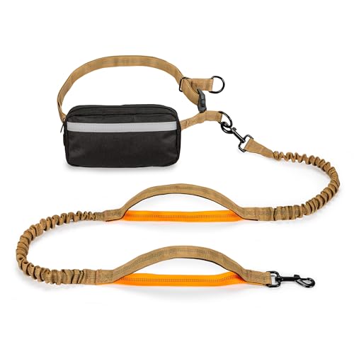 Squirrel Products Hands Free Dog Leash with Hip Belt/Crossbody Strap, Zipper Pouch, and Shock Absorbing Bungee for Walking or Jogging with pet (Tan, Orange) - color: Tan and Orange